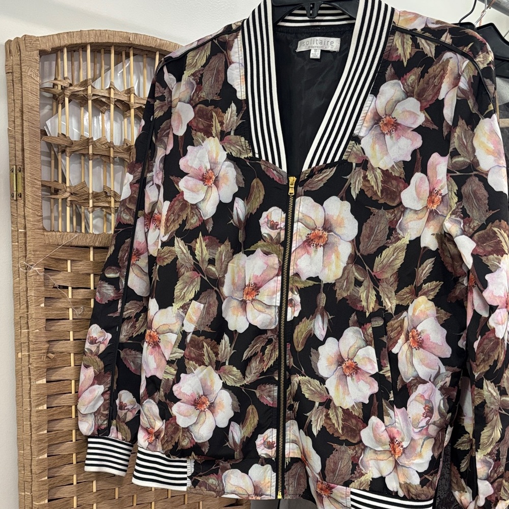 Solitaire Black Floral Bomber Silky Jacket